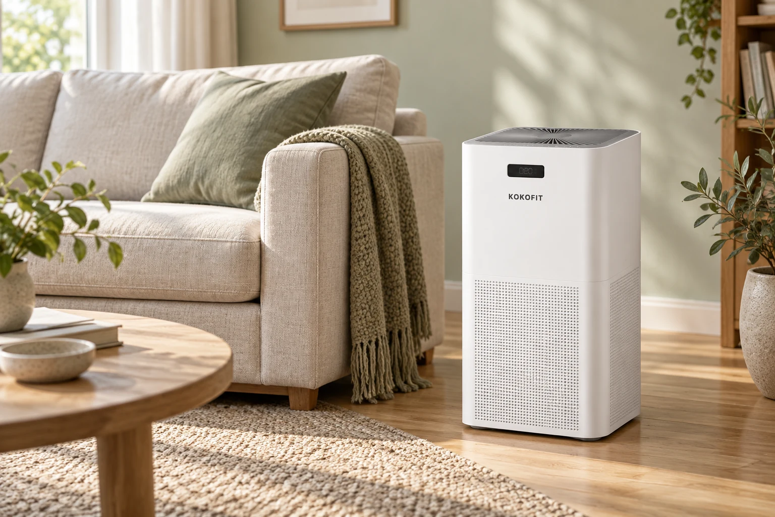 Illustrative KokoFit white air purifier beside a linen sofa